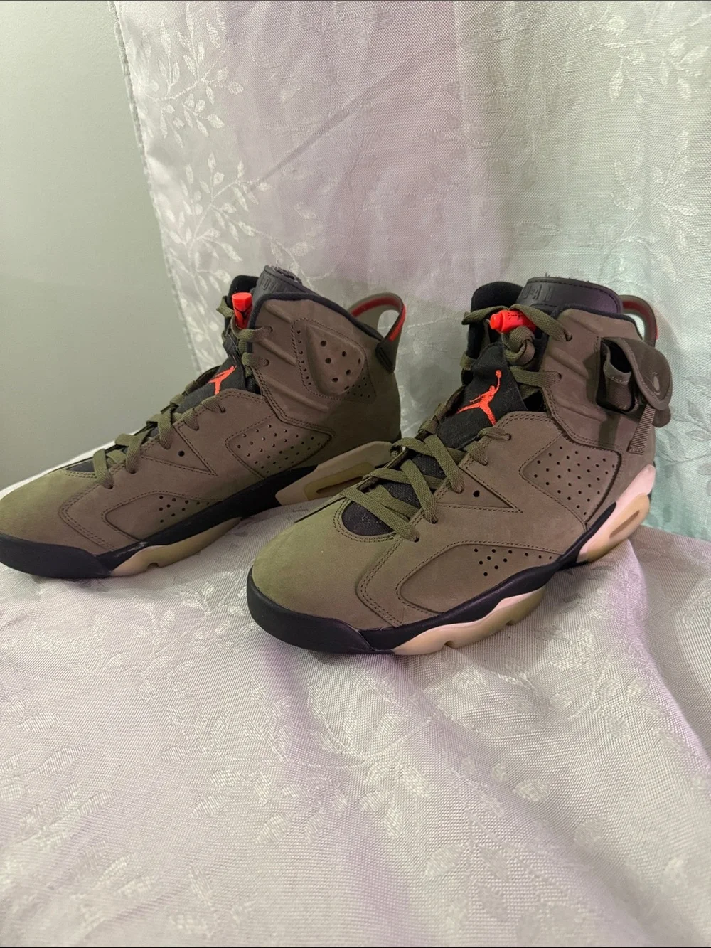 Travis Scott Jordan Men’s Olive Green Sneakers with Red Jumpman Accents
